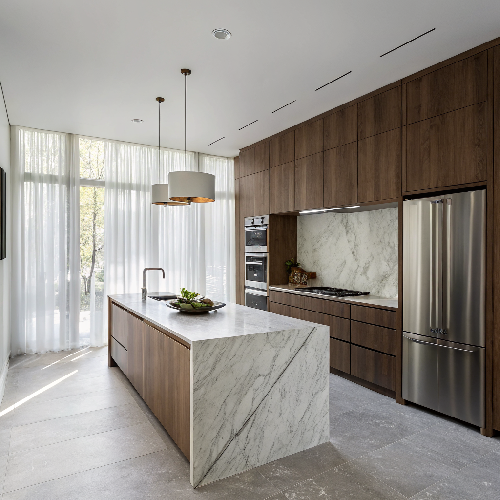 Cocina minimalista con isla central y acabados en blanco